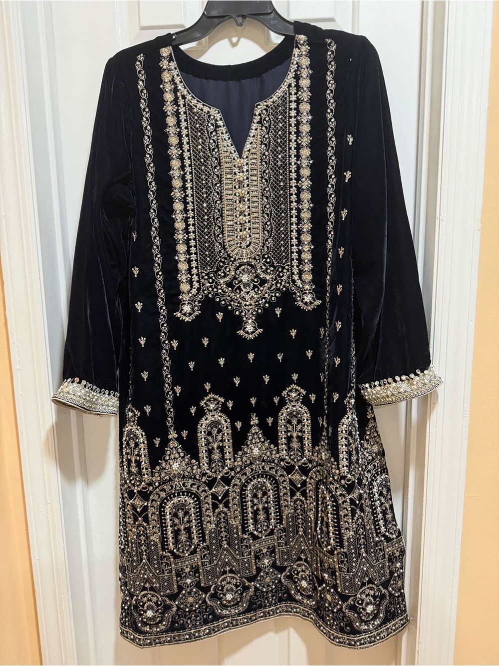 Black Velvet Long-Sleeve Embellished Tunic Dress